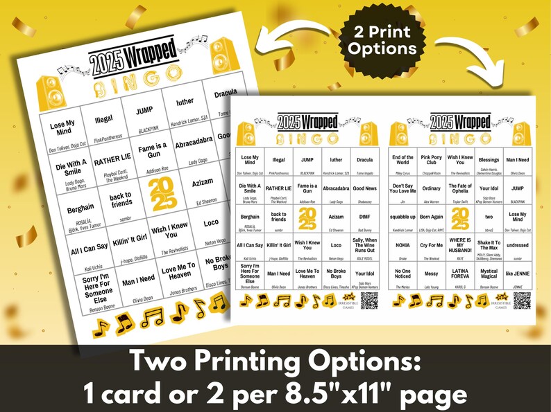 2 print options: Full page or half page per 8.5 x 11 inch page.