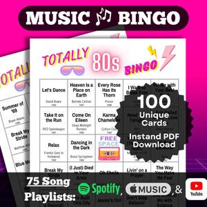Bingo Musical: Bingo dos anos 80. Conjunto com 100 cartelas. Download instantâneo em PDF. Playlists do Spotify, Apple Music e YouTube.