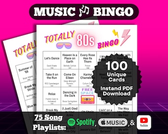 Music Bingo: Totally 80s Bingo. 100 card set. Instant PDF Download. Spotify, Apple Music, and YouTube Playlists.
