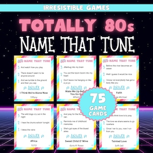 Gioco "Indovina la canzone" anni '80 / Gioco per serate a tema anni '80 / Giochi da ufficio per feste a tema anni '80 / Attività per amanti degli anni '80 / 75 carte da gioco con testi delle canzoni degli anni '80.