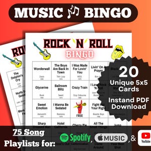 Rock N Roll Nummers Muziek Bingo. Rocknummers van de afgelopen decennia (jaren 70-90). Direct downloaden. 20 kaarten. Spotify, Apple Music, YouTube-afspeellijsten.