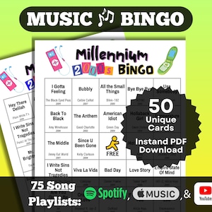 Millennium 2000s Songs Music Bingo. Hits from 2000-2009. 50 unique cards. Instant Download. Playlists on Spotify, Apple Music, YouTube.