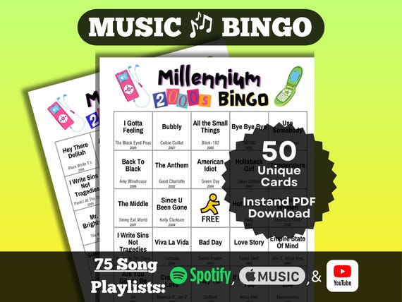 Millennium 2000s Songs Music Bingo. Hits from 2000-2009. 50 unique cards. Instant Download. Playlists on Spotify, Apple Music, YouTube.