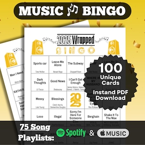 Music Bingo game themed with the best songs of 2025. The game includes 100 unique cards and 75 song playlists for Spotify and Apple Music. The design features a Speakers, Music Notes, and a 2025 theme.
