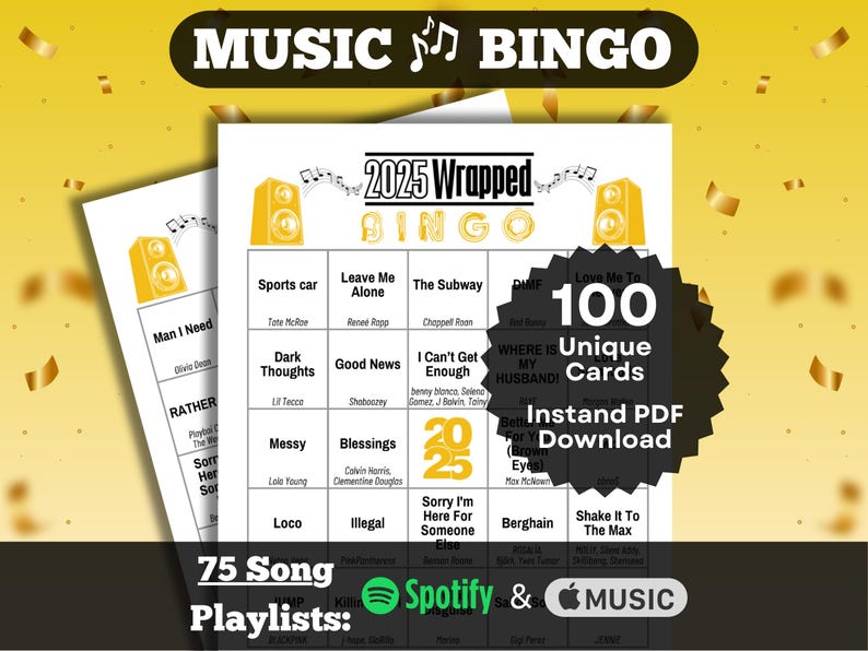 Music Bingo game themed with the best songs of 2025. The game includes 100 unique cards and 75 song playlists for Spotify and Apple Music. The design features a Speakers, Music Notes, and a 2025 theme.