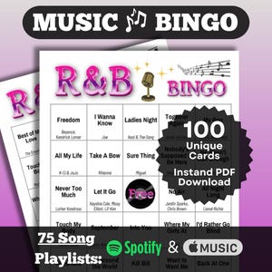 Music Bingo: R&B Soul Songs Bingo. 100 card set. Hits from across the decades. Instant Download with playlists for Spotify and Apple Music.