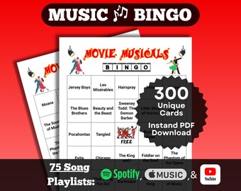 Music Bingo: Movie Musicals. Songs from the best musical films. 300 card set, Instant Download. Spotify, Apple Music, YouTube playlists.