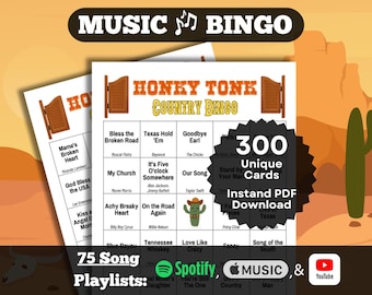 Music Bingo: Honky Tonk Country. 300 card set. Instant Download. Spotify, Apple Music, and YouTube Playlists. Country Music | Country Songs.