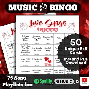 Bingo musical con canciones de amor / Juego de bingo para el día de San Valentín y la despedida de soltera / 50 tarjetas / Descarga instantánea / Listas de reproducción incluidas