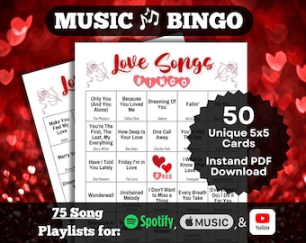Love Songs Music Bingo | Galentine&#39;s Day and Bridal Shower Game | Valentine&#39;s Day Bingo | 50 cards | Instant Download | Playlists Included