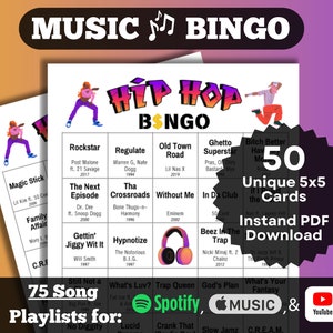 Hiphopmuziekbingo. 3 decennia aan hits uit de jaren 90, 2000 en 2010. 50 unieke kaarten. Direct downloaden. Afspeellijsten op Spotify, Apple Music, YouTube.