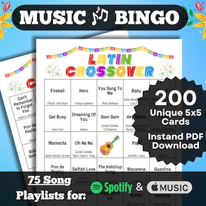 Cross-over bingo met Latijnse liedjes. Muziekbingo met Latin-artiesten die doorbraken op de Engelse markt. 200 kaartenset met afspeellijsten voor Spotify en Apple
