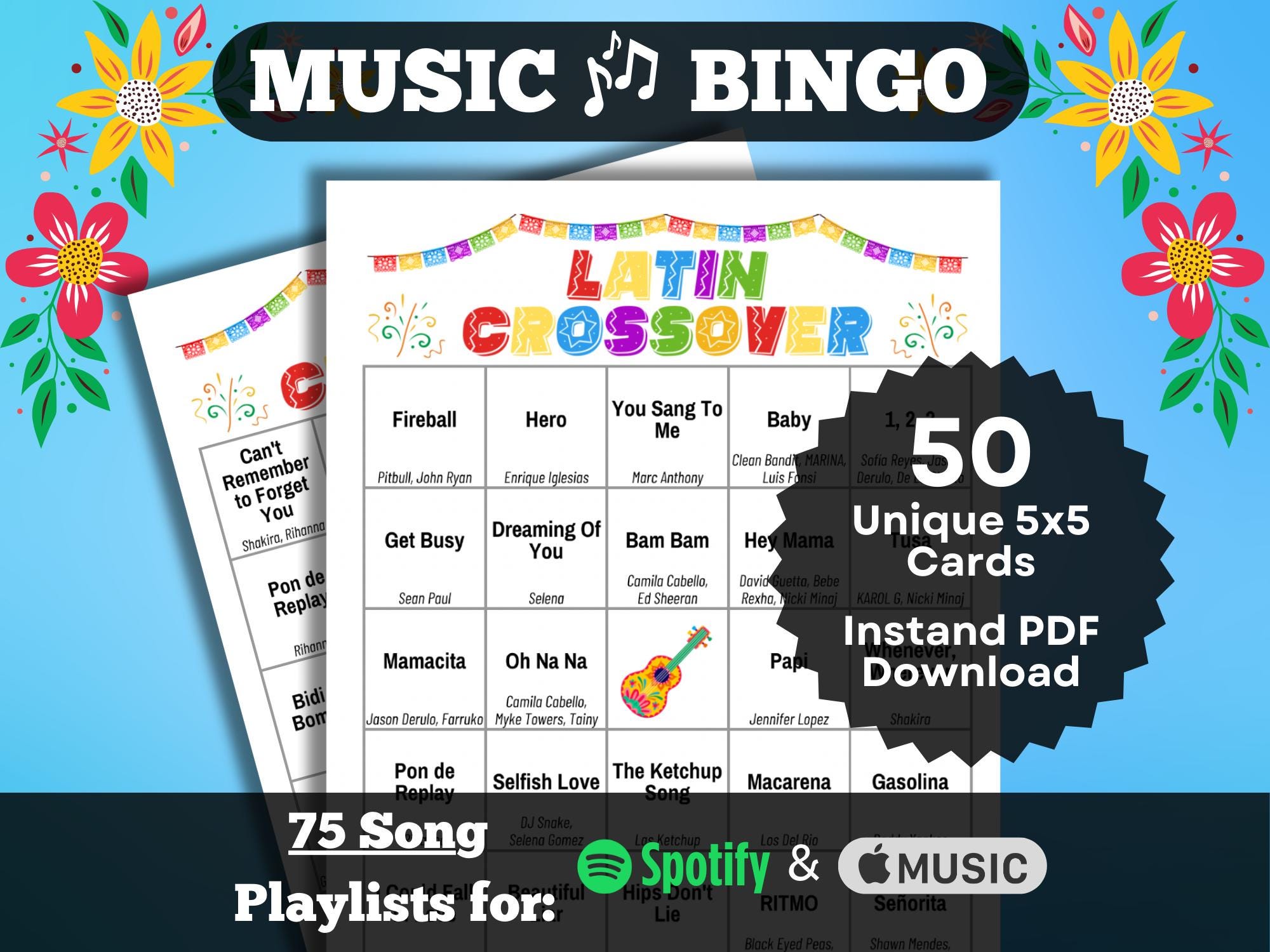 Crossover Latin Songs Bingo. Music Bingo with Latin artists that broke into the English market. 50 card set w/playlists for Spotify & Apple