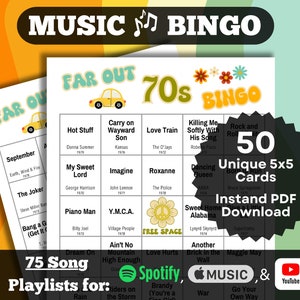Bingo musical de canciones de los 70. Juego de 50 tarjetas. Descarga instantánea en PDF. Listas de reproducción de Spotify, Apple Music y YouTube.