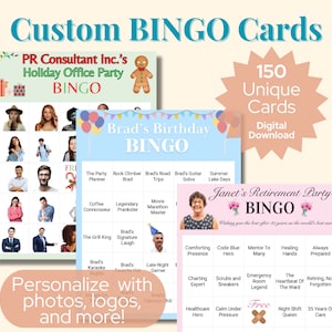 150 cartones de bingo personalizados. Personalizados con fotos y 30 pistas de bingo de tu elección. Hechos a pedido. Descarga digital. ¡Para cualquier ocasión!