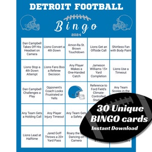 Bingo de football à Détroit 2024 | 30 cartes uniques | Téléchargement instantané | Bingo en direct | Bingo le jour du match | Regarder la fête