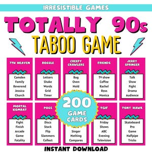 Juego de tabú de los 90 / Juego de palabras prohibidas de los 90 / Juego de fiesta temático de los 90 / 200 cartas de juego / Fiesta de cumpleaños de los 90 / Descargar PDF