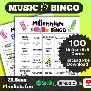 Bingo musical de canciones del milenio 2000. Éxitos del 2000 al 2009. 100 cartones únicos. Descarga instantánea. Listas de reproducción en Spotify, Apple Music y YouTube.