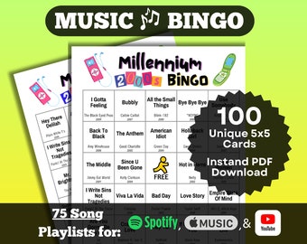 Millennium 2000s Songs Music Bingo. Hits from 2000-2009. 100 unique cards. Instant Download. Playlists on Spotify, Apple Music, YouTube.