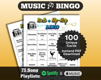Bingo musical: Bingo de canciones de R&B y hip hop. 100 cartones. Canciones de los 80, 90 y 2000. Descarga instantánea con listas de reproducción para Spotify y Apple Music.