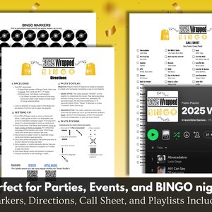 Purchase includes Directions with playlist links, a Call Sheet to mark the songs as they are played, Printable markers for marking cards, and the playlists.