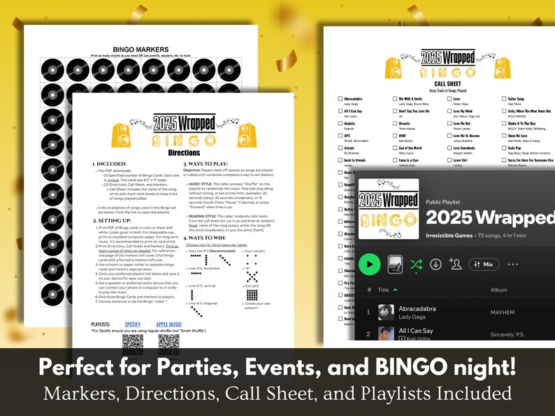 Purchase includes Directions with playlist links, a Call Sheet to mark the songs as they are played, Printable markers for marking cards, and the playlists.