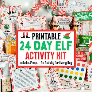 Può includere: Un kit di attività Elf stampabile per 24 giorni con oggetti di scena e attività per ogni giorno. Il kit include carte, cartelli e una casa di pan di zenzero. Il testo sul cartello recita "Printable 24 Day Elf Activity Kit".