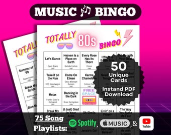 Music Bingo: Totally 80s Bingo. 50 card set. Instant PDF Download. Spotify, Apple Music, and YouTube Playlists.