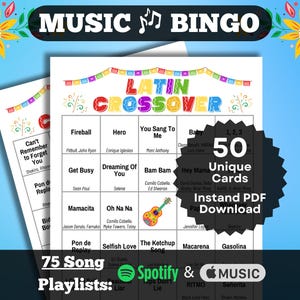 Crossover Latin Songs Bingo. Music Bingo with Latin artists that broke into the English market. 50 card set w/playlists for Spotify & Apple