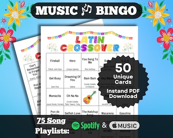 Crossover Latin Songs Bingo. Music Bingo with Latin artists that broke into the English market. 50 card set w/playlists for Spotify & Apple