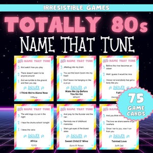 Jeu Nommez cette mélodie des années 80 | Jeu de nuit à thème des années 80 | Jeux de bureau sur le thème des années 80 | Activité pour les amoureux des années 80 | 75 cartes de jeu avec paroles des années 80.
