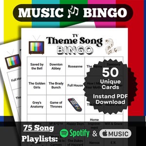 TV Theme Songs Bingo | Television Themes Music Bingo Game | Theme Music Fundraiser Game | 50 Unique Cards | Playlists included