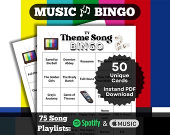 TV Theme Songs Bingo | Television Themes Music Bingo Game | Theme Music Fundraiser Game | 50 Unique Cards | Playlists included