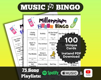 Millennium 2000s Songs Music Bingo. Hits from 2000-2009. 100 unique cards. Instant Download. Playlists on Spotify, Apple Music, YouTube.