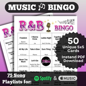 Music Bingo: R&B Soul Songs Bingo. Conjunto de 50 cartas. Sucessos de todas as décadas. Download instantâneo com playlists para Spotify e Apple Music.