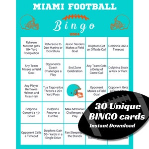 Miami Fussball Bingo | Los Delfine | 30 Einzigartige Karten | Sofortdownload | Live Event Bingo | Spieltag Bingo | Uhrenparty