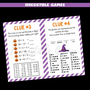 May include: A Halloween-themed game with purple and white striped borders. The game includes riddles, math problems, and a Morse code key. The text on the game says "Clue #3" and "Clue #4" with pumpkin and witch hat illustrations.