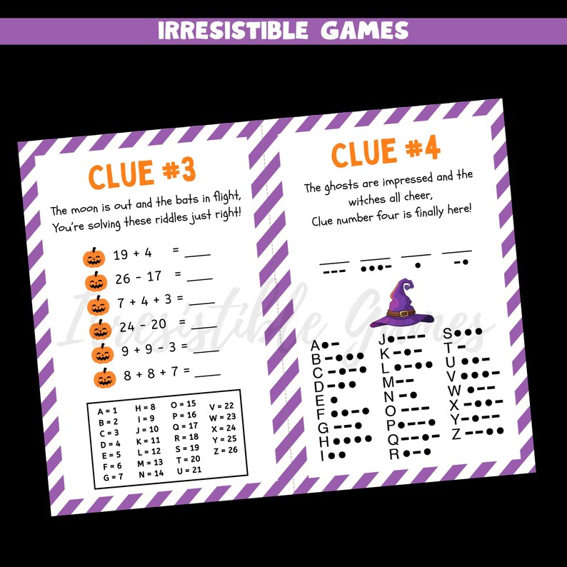 May include: A Halloween-themed game with purple and white striped borders. The game includes riddles, math problems, and a Morse code key. The text on the game says "Clue #3" and "Clue #4" with pumpkin and witch hat illustrations.