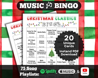 Music Bingo: Christmas Classics. Your favorite oldies Holiday Hits. 20 cards, Instant Download. Spotify, Apple Music, YouTube playlists.