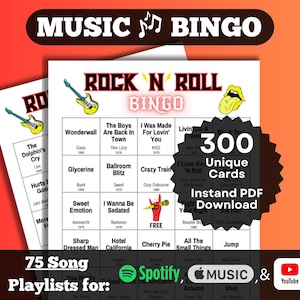 Bingo musicale di canzoni rock n roll. Canzoni rock di tutti i decenni (dagli anni &#39;70 agli anni &#39;90 e oltre). Download immediato. 300 carte. Spotify, Apple Music, playlist di YouTube.
