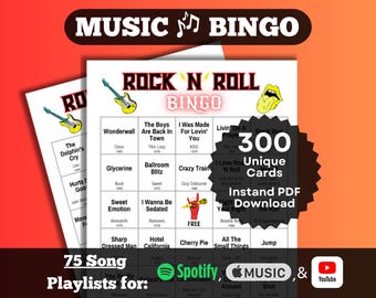 Rock N Roll Nummers Muziek Bingo. Rocknummers van de afgelopen decennia (jaren 70-90). Direct downloaden. 300 kaarten. Spotify, Apple Music, YouTube-afspeellijsten.