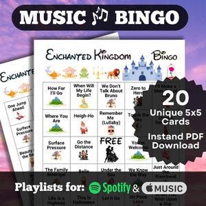 Bingo musical : Royaume enchanté. Chansons de film animées et musique, jeu de 20 cartes, téléchargement instantané, listes de lecture Spotify et Apple Music.