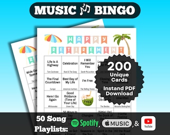 Retirement Party Music Bingo | Retirement Bingo Game | 200 Card Retirement Activity, PDF Download | Spotify, Apple Music, YouTube Playlists.