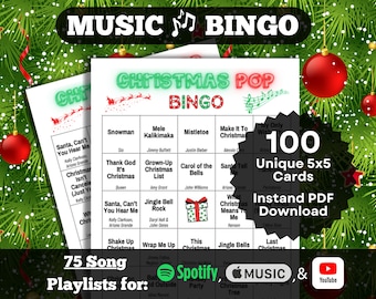 Music Bingo: Christmas Pop. Your favorite current Holiday Hits. 100 cards, Instant Download. Spotify, Apple Music, and YouTube playlists.