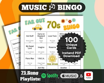 70s Songs Music Bingo. 100 card set. Instant PDF Download. Spotify, Apple Music, and YouTube Playlists.