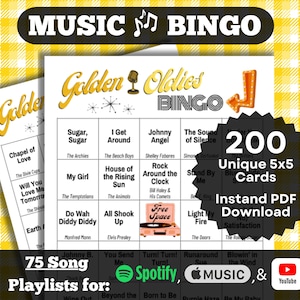 Bingo à musique : Bingo Golden Oldies. Chansons classiques des années 50 et 60. 200 cartes. Téléchargement instantané du PDF. Listes de lecture Spotify, Apple Music et YouTube.