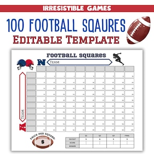 Fußballquadrate bearbeitbare Vorlage, 100 Super Big Game Squares, Football Pool Fundraiser, Fußballparty Tippspiel, anpassbar auf Canva