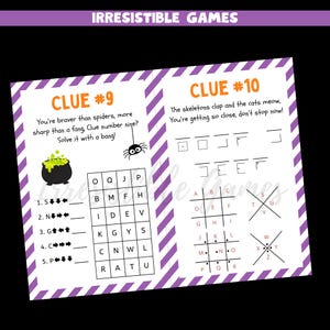 May include: A Halloween-themed game with purple and white diagonal stripes. The game includes clues, a word search, and a code-breaking section. The text on the game says "Irresistible Games", "Clue #9", and "Clue #10".