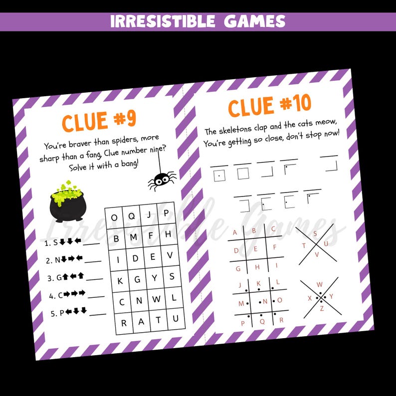May include: A Halloween-themed game with purple and white diagonal stripes. The game includes clues, a word search, and a code-breaking section. The text on the game says "Irresistible Games", "Clue #9", and "Clue #10".