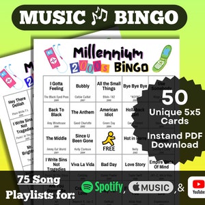 Bingo musical de canciones del milenio 2000. Éxitos del 2000 al 2009. 50 cartones únicos. Descarga instantánea. Listas de reproducción en Spotify, Apple Music y YouTube.